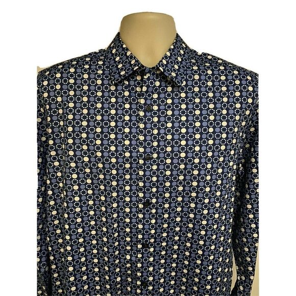 Michael Kors Tailored Fit Blue Button Front Shirt Large Contrast Collar Cuffs - Picture 4 of 12